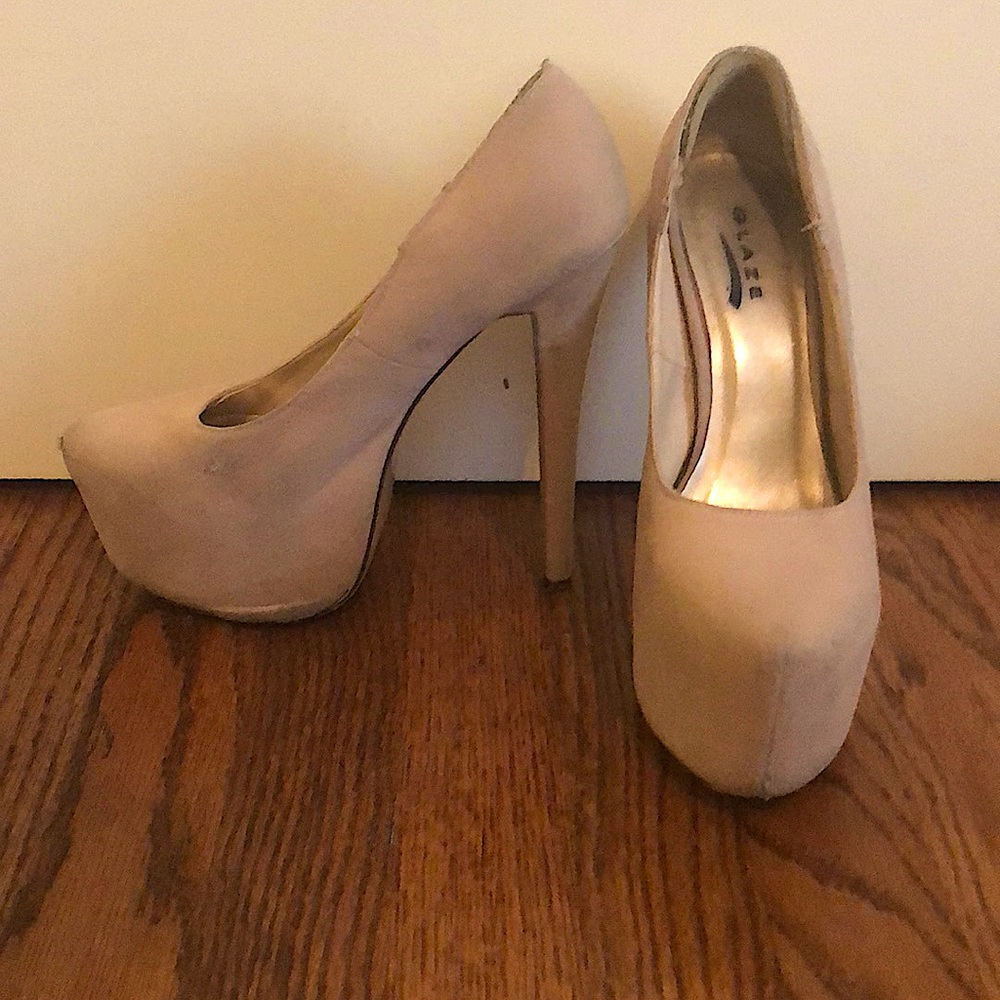 Nude Suede Platform Pumps - 8